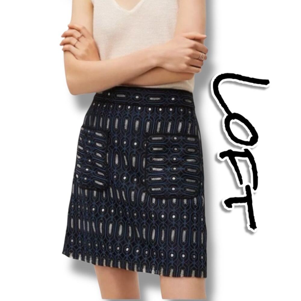 Ann Taylor Loft Blue Circuit Lace Pocket Skirt Blue Black Geometric Womens Sz 6